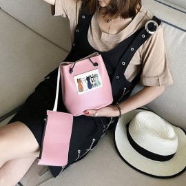 Women Cute Cat Pattern Bucket Bag PU Leather Mini Crossbody Bag