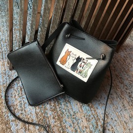 Women Cute Cat Pattern Bucket Bag PU Leather Mini Crossbody Bag
